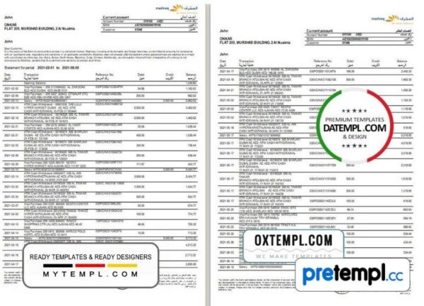 UAE Mashreq bank statement 3 - 6 months example in Word and PDF format, 3 pages