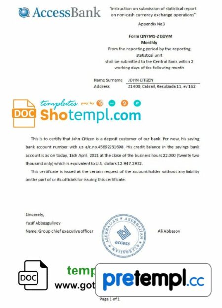 Azerbaijani Access bank reference letter example in Word and PDF format