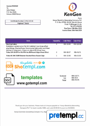 Kenyan KenGen Electricity Generating Company utility bill download example in Word and PDF format