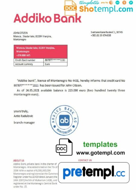 Montenegrin Addiko Bank bank reference letter example in Word and PDF format