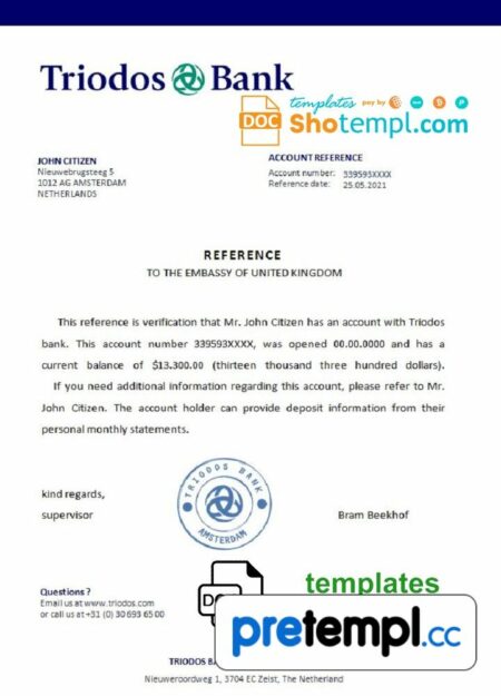 Dutch Triodos Bank bank certificate example in Word and PDF format