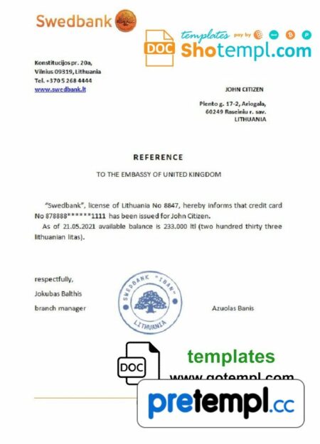 Lithuanian Swedbank bank reference letter example in Word and PDF format