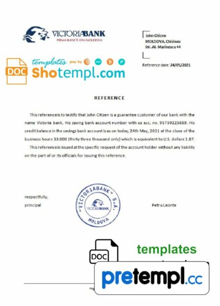Moldovan Victoriabank bank reference letter example in Word and PDF format