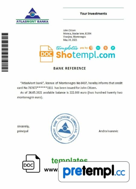 Montenegrin Atlasmont banka bank reference letter example in Word and PDF format