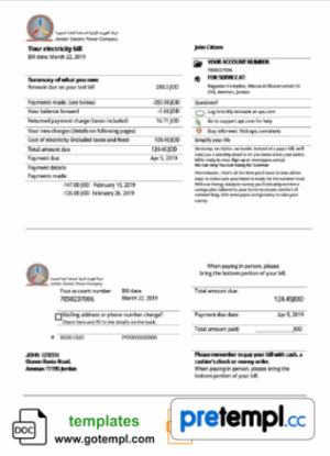 Jordanian Jordanianian Electric Power Co JEPCO electricity utility bill download example in Word and PDF format