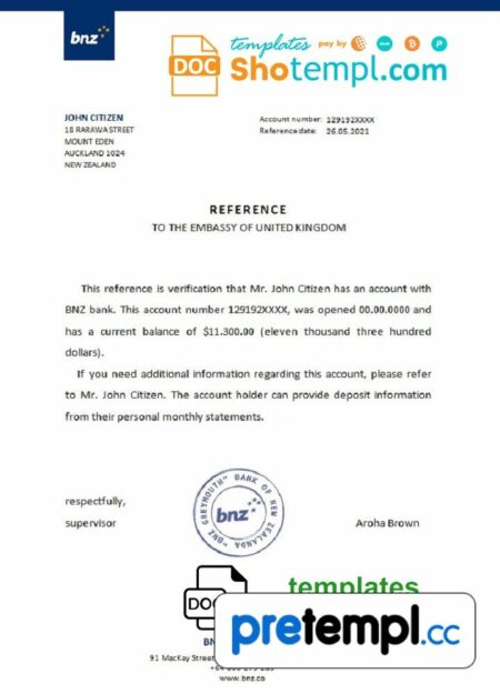New Zealand BNZ bank account reference letter example in Word and PDF format