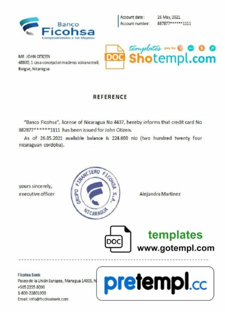 Nicaraguan Banco Ficohsa bank account reference letter example in Word and PDF format