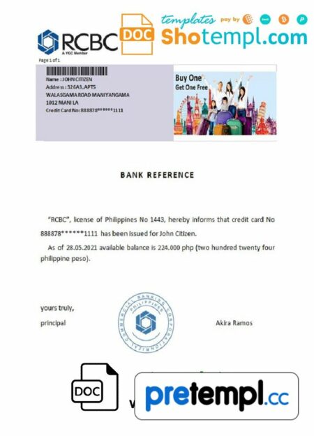 Filipino RCBC bank reference letter example in Word and PDF format