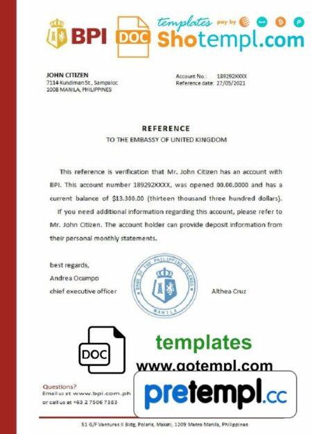 Filipino BPI bank reference letter example in Word and PDF format