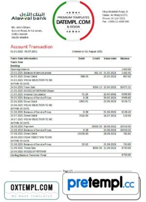 Saudi Arabian Alawwal Bank statement easy to fill example in .xls and .pdf file format