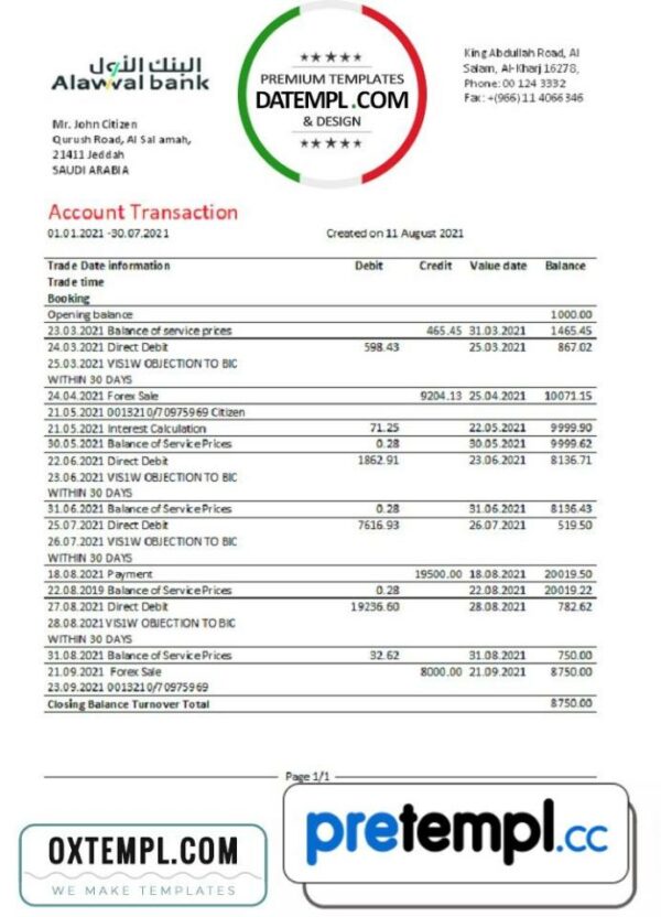 Saudi Arabian Alawwal Bank statement easy to fill example in .xls and .pdf file format