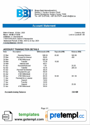 Bosnian Bosna Bank International proof of address bank statement 3 - 6 months example in Word and PDF format