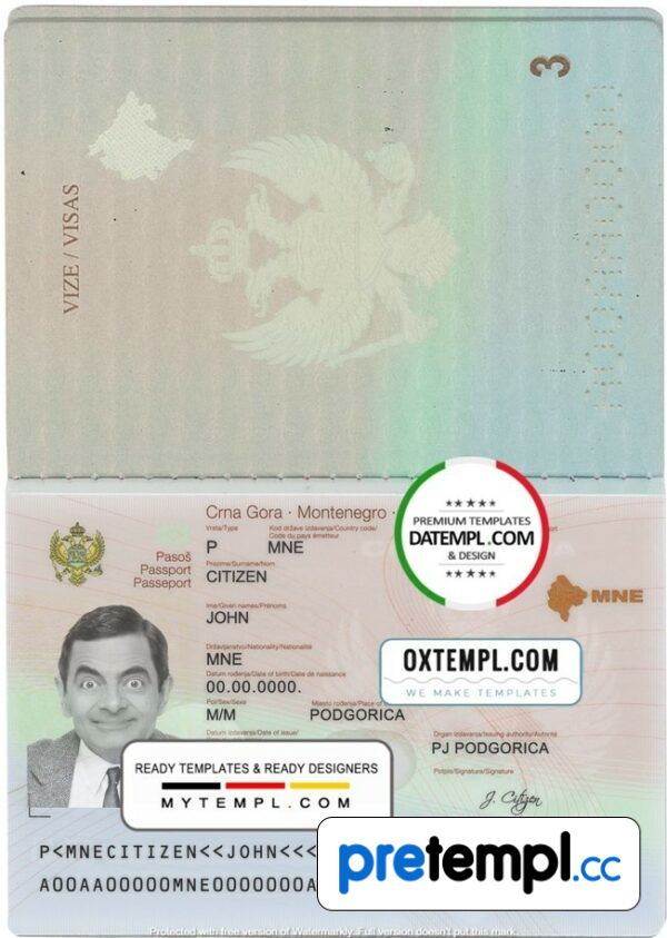 Montenegrin passport example in PSD format - Pretempl