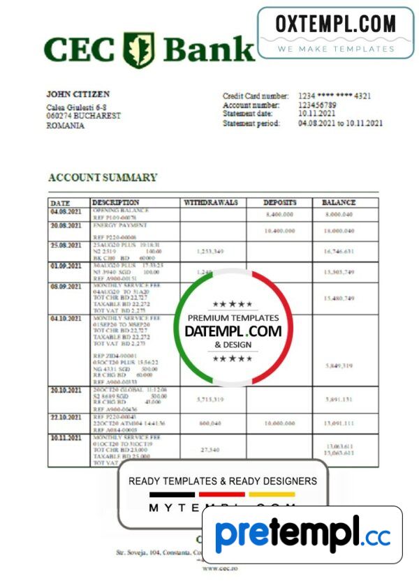 Romanian CEC Bank statement example in Word and PDF format