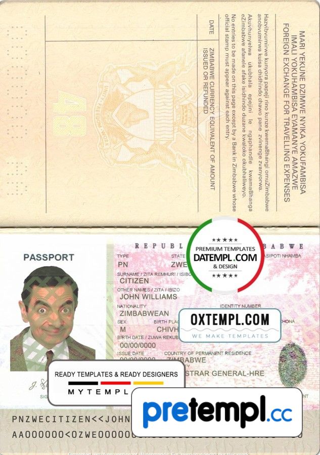 Zimbabwean passport example in PSD format, fully editable with all ...