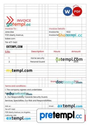 Security Guard Services Invoice example in word and pdf format