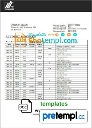 Slovak Tatra bank statement 3 - 6 months example in Word and PDF format
