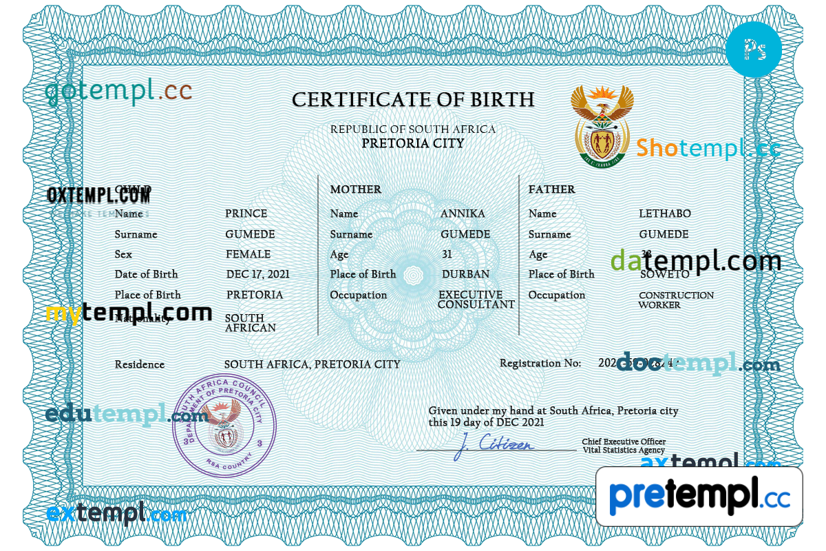 South African birth certificate PSD example, completely editable - Pretempl