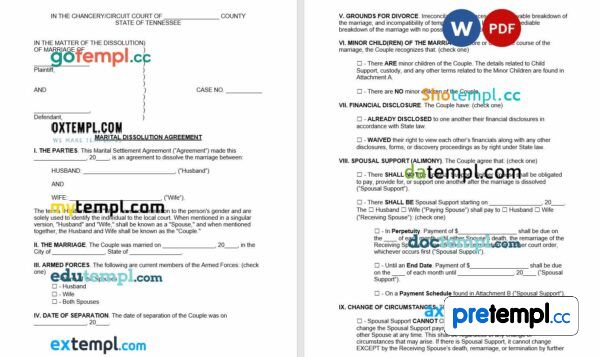 free download Tennessee marital settlement agreement example, Word and PDF format