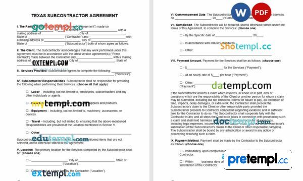 free download Texas subcontractor agreement example, Word and PDF format