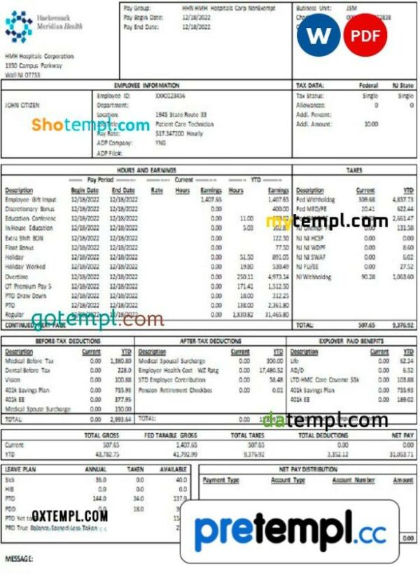 USA New Jersey Hackensack Meridian Health earnings statement Word and PDF example