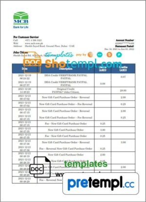 United Arab Emirates MCB bank statement 3 - 6 months example in Word and PDF format