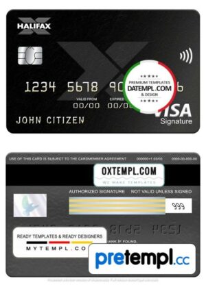 United Kingdom Halifax bank visa signature card, fully editable example in PSD format
