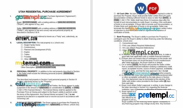 free download Utah residential purchase agreement example, Word and PDF format