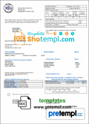 USA Pennsylvania Wellsboro Electric utility bill download example in Word and PDF format