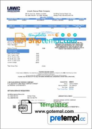 USA California Lincoln Avenue Water Company utility bill download example in Word and PDF format