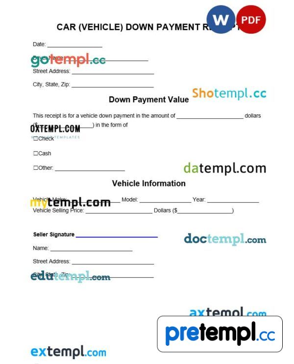 free download vehicle down payment receipt example, Word and PDF format