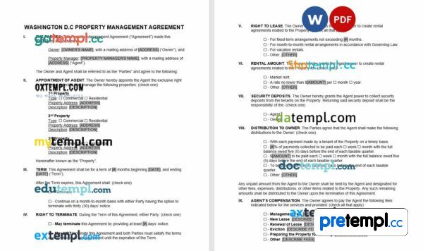 free download Washington D.C property management agreement example, Word and PDF format