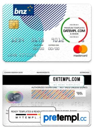 New Zealand BNZ Greymouth bank mastercard, fully editable example in PSD format