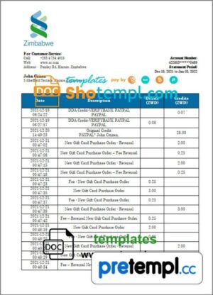 Zimbabwean Standard Chartered Bank statement example in Word and PDF format