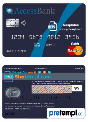 Azerbaijani Access Bank mastercard debit card example in PSD format, fully editable