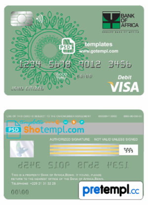 Beninois Bank of Africa visa card debit card example in PSD format, fully editable