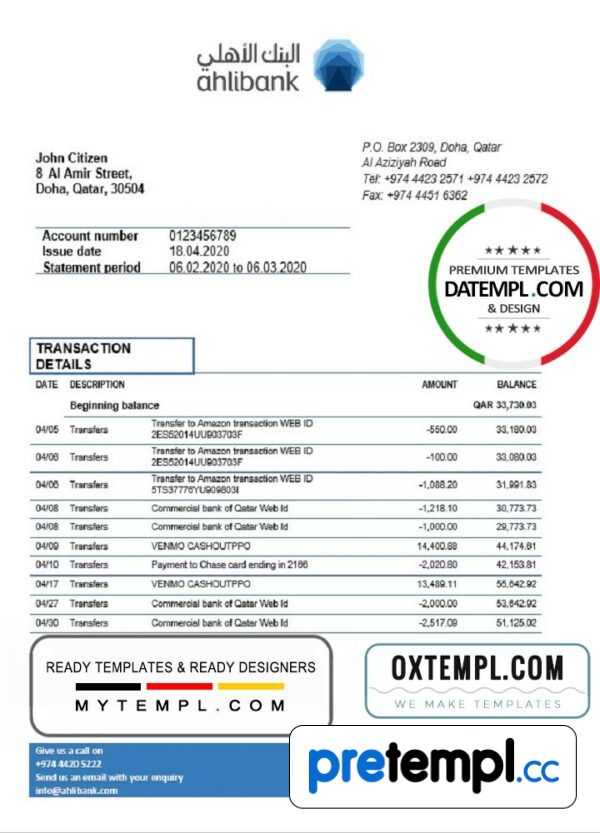 Qatari Ahlibank proof of address bank statement 3 - 6 months example in Word and PDF format, .doc and .pdf format