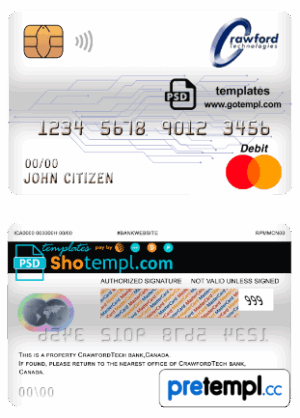 Canadian CrawfordTech bank mastercard debit card example in PSD format, fully editable
