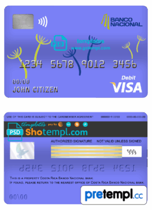 Costa Rican Banco Nacional de Costa Rican visa card debit card example in PSD format, fully editable