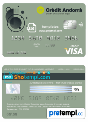 Andorran Credit Andorran bank visa card debit card example in PSD format, fully editable