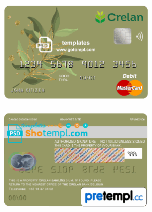Belgian Crelan bank mastercard debit card example in PSD format, fully editable
