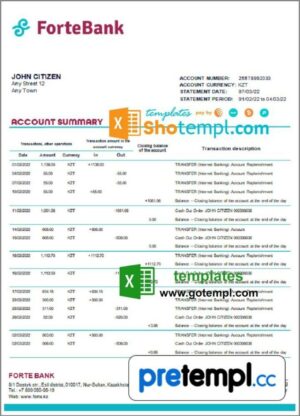 Kazakhstani Forte bank statement example in Excel and PDF format