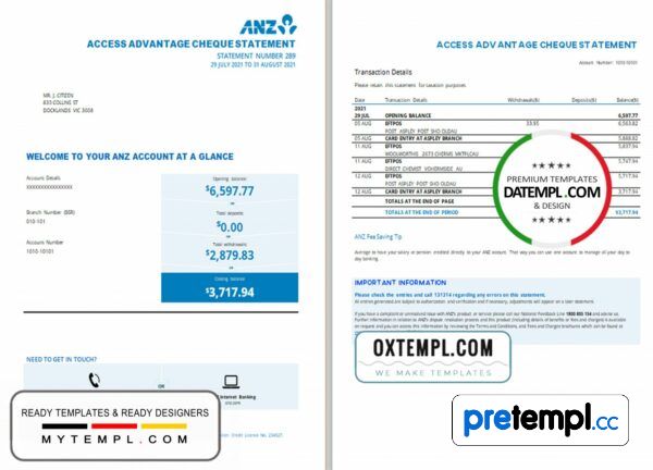 Australian ANZ proof of address bank statement 3 - 6 months example in .xls and .pdf format, 2 pages