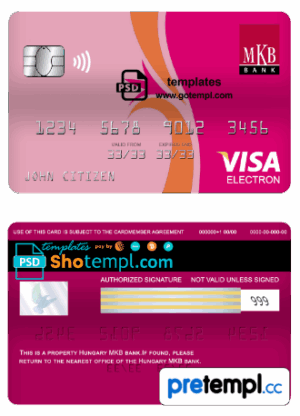 Hungarian MKB bank visa electron card, fully editable example in PSD format