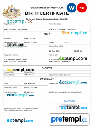 Australian vital record download birth certificate Word and PDF example, completely editable