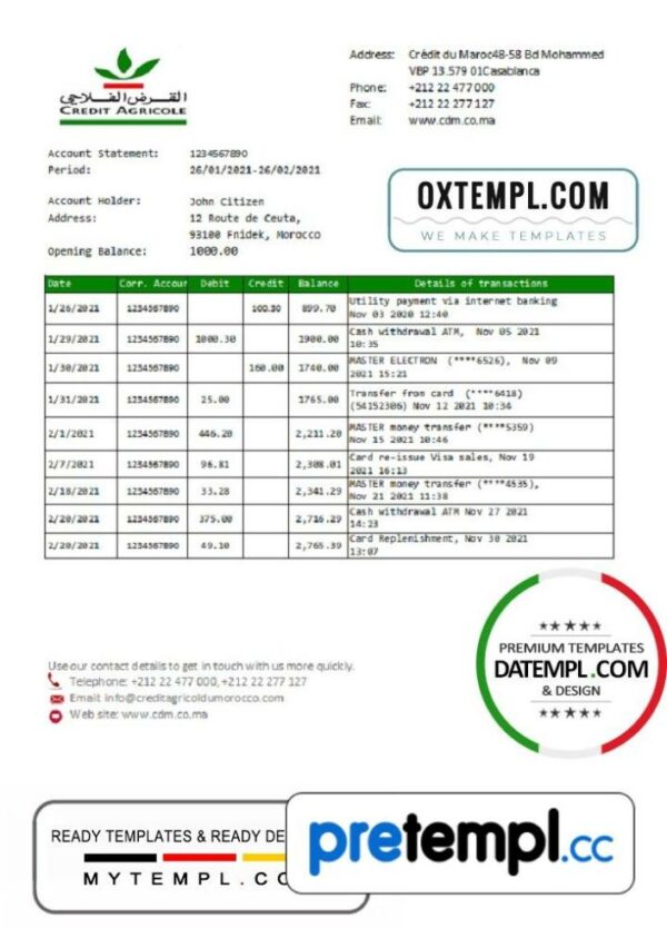 Moroccan Credit Agricole Bank statement example in Excel and PDF format