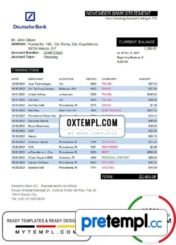 Mexican Deutsche bank statement 3 - 6 months easy to fill example in Excel and PDF format