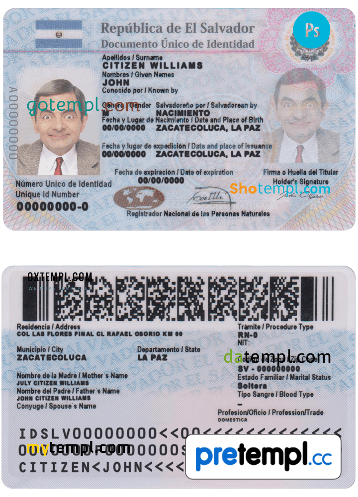 Salvador ID card, PSD example, completely editable, with fonts - Pretempl
