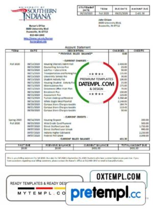 USA University of Southern Indianna account billing statement example in Word and PDF format