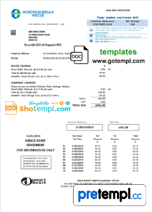 United Kingdom Northumbrian Water utility bill download example in Word and PDF format, version 2